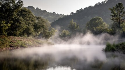 Serene morning mist over calm water reflecting natures beauty
