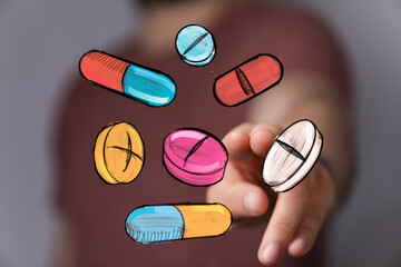 Digital illustration of a hand interacting with colorful pills and capsules.  Perfect for healthcare, medicine, or pharmacy.