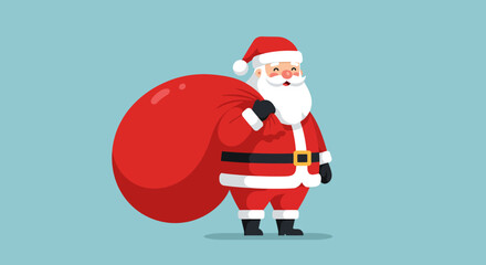 Smiling santa carrying a big red sack on a light blue background