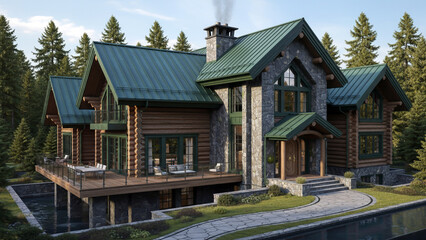 Luxurious log cabin with green metal roof and stone walls nestled in a pine forest, featuring a deck, balcony, and serene water reflection
