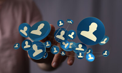 Conceptual 3D render depicting a digital network of people, signifying collaboration, connection, and communication in modern business or societ