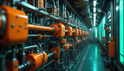 Close-up view of futuristic industrial system with many orange pipes, metal mechanisms. Complex maze of conduits, tubes glows with teal, green lights. Science fiction power plant factory interior.