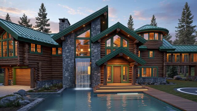 Luxurious log cabin with green roof, stone facade, and waterfall into a pond, surrounded by forest, featuring large windows, wooden deck, and helipad at twilight