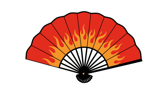 Traditional asian red fan with flame pattern on white background