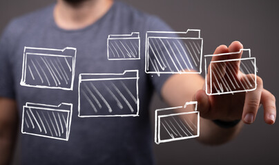 Concept of digital data storage and access, a person interacting with virtual files and folders, representing information and cloud technologies