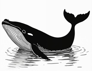 Fototapeta premium Black humpback whale arcs gracefully in clear water. Gentle giant marine mammal swims with lined belly and powerful tail. Nature wildlife illustration.
