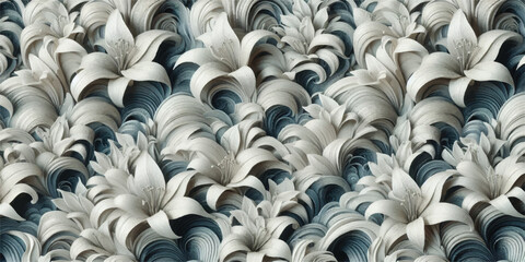 An artistic background texture featuring white lilies interwoven with a swirling wave pattern in shades of gray and blue.
