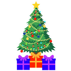 Decorated Christmas tree with gifts, solated on transparent background 