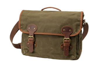 Isolated olive green canvas briefcase with leather straps, an elegant messenger bag