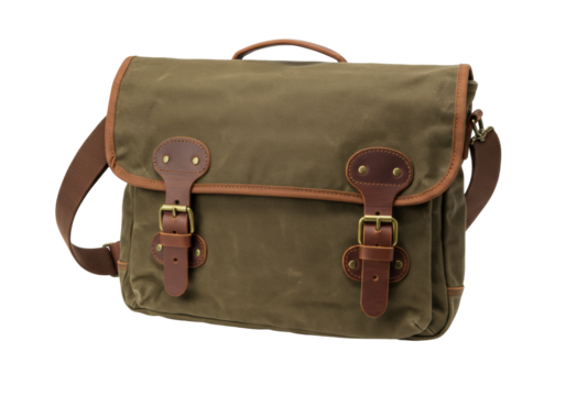 Isolated olive green canvas briefcase with leather straps, an elegant messenger bag - Powered by Adobe
