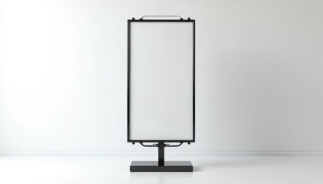 Modern vertical pylon sign stands empty against white wall and floor, perfect for displaying custom advertisements or information. It has sleek black frame and base, ideal for clean, minimalist look.