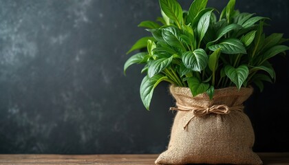 Rich green plant in a burlap sack pot rests on a natural wood surface. A dark textured wall creates a minimalist background. This fresh foliage is an eco-friendly element for modern home decor.