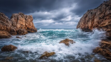 Dynamic coastal waves crashing against rocky cliffs under dramatic skies