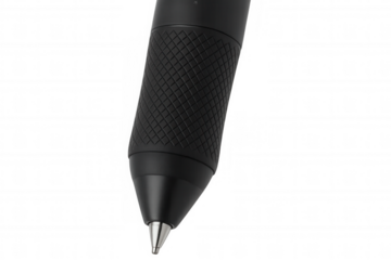 Black ballpoint pen tip and textured grip showing writing and office supply concepts, transparent background