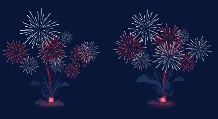Festive nighttime celebration with red and blue fireworks display