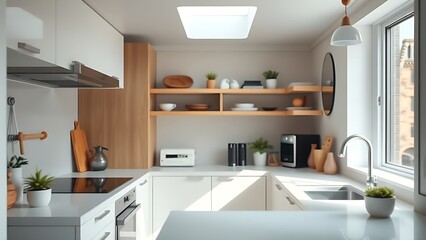 Fototapeta premium Compact kitchen interior with efficient space design and clean countertops.
