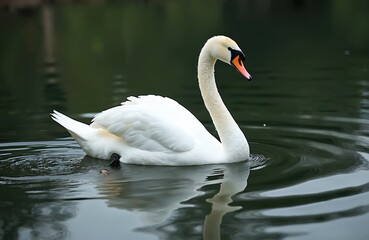 Naklejka premium White swan swims calmly on dark pond water with rippling reflections. Bird elegant S-shaped neck, bright orange beak, pristine white feathers. Background blurred green foliage creating peaceful