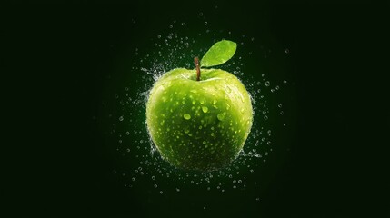 Lush Green Apple Splashing with Water Droplets Against Dark Background