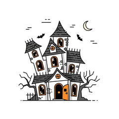 Vector art of creepy haunted house with bats for halloween