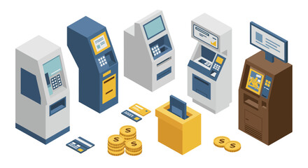 Isometric atm kiosks and payment icons with banking elements in various designs