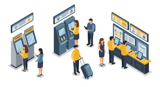 People using ticket machines and self-service kiosks in isometric style
