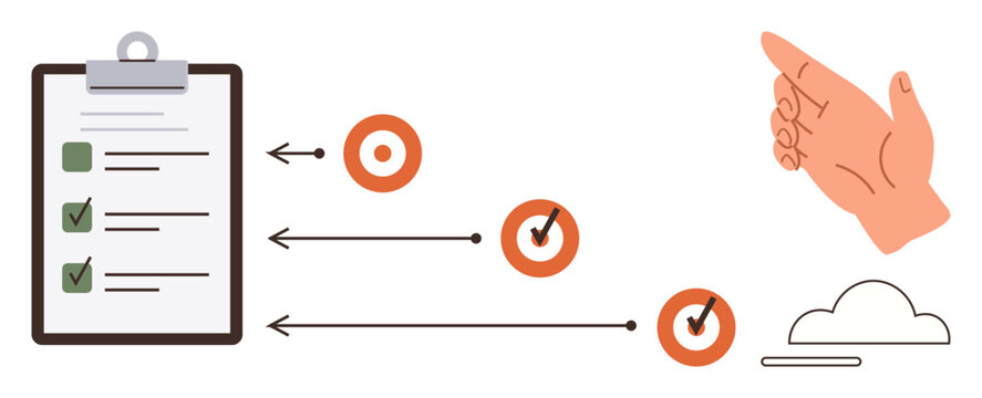 Clipboard checklist, directional arrows leading to ticked targets, hand gesture, and cloud motif. Ideal for workflow, productivity, goal setting, planning, business strategy decision-making simple