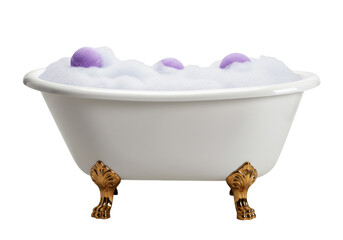 Isolated clawfoot bathtub filled with white foam bubbles and three purple bath bombs