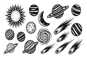 Black and white illustration of celestial bodies including sun moon planets and comets space