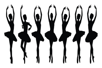 Black silhouettes of ballerinas in various ballet poses on pointe shoes wearing tutus ballet dancer