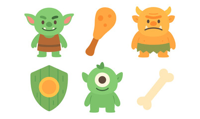 Obraz premium Cute fantasy creatures and objects set in flat style