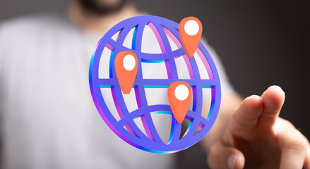 Illustrative image of a global network, showing worldwide connectivity and location markers.