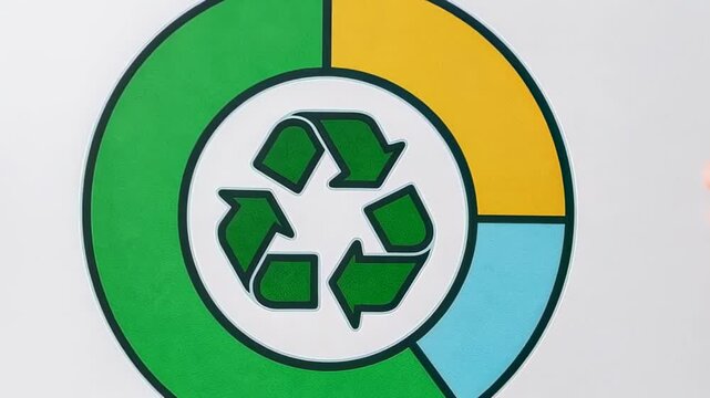 Child displaying a colorful recycling chart with green, yellow, and blue sections to promote environmental awareness and sustainability