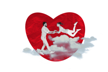 Composite photo collage of two happy girl guy heart shape valentine postcard wedding clouds romantic love isolated on painted background