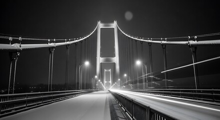 Illuminated suspension bridge at night with streaks of light from passing vehicles.