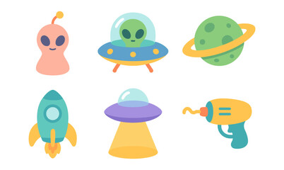 Cute cartoon space elements: aliens, ufos, and rockets for kids