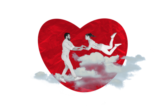 Composite photo collage of two happy girl guy heart shape valentine postcard wedding clouds romantic love isolated on painted background