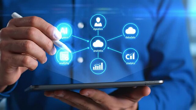 Man interacting with analytics icons on his tablet using a stylus pen