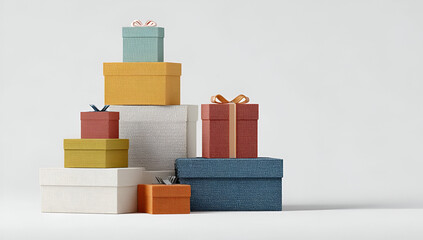 Colorful stacked gift boxes ready for celebration, showcasing various shapes and sizes in a modern style.