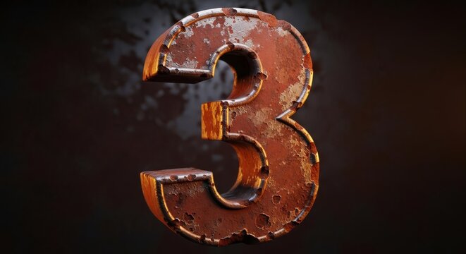 Rusty Red Number Three on Dark Textured Background