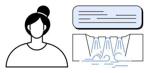 Female figure accompanied by sleek air conditioner and stylized waterfall representing cooling, sustainability, and renewal. Ideal for energy-saving, eco-living, climate, comfort, wellness, design