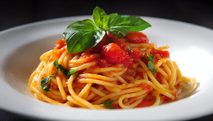 Delicious spaghetti with fresh tomatoes and basil served on a white plate, highlighting classic Italian cuisine.