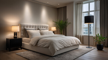 Serene and tranquil modern bedroom interior. An elegant, cozy, and comfortable home with soft light creates peaceful atmosphere, perfect for relaxation and sleep