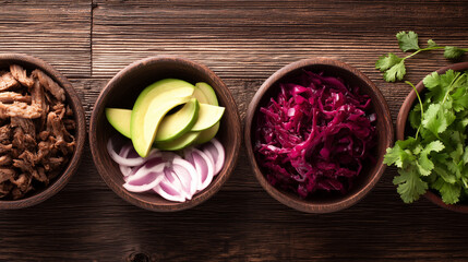 carnitas. Overhead view of Mexican taco ingredients arranged beautifully on a rustic surface. menu design, packaging mockups, designed for food delivery and cloud-kitchen brand materials.