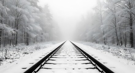 Snow covered train tracks disappear into a foggy winter forest