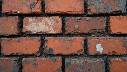 Weathered red brick wall background with rustic texture. Old brickwork pattern with gravel grout. Close up view of vintage masonry construction material. Industrial architectural backdrop for design.