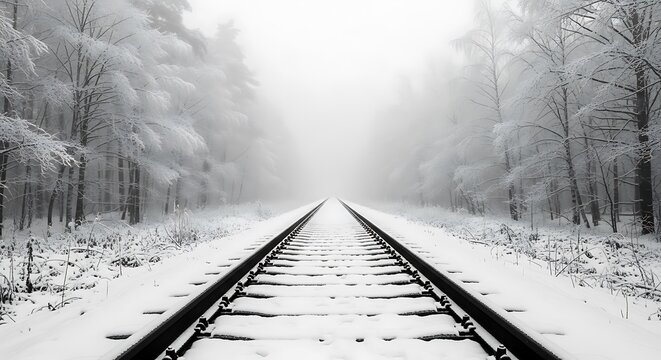 Snow covered train tracks disappear into a foggy winter forest