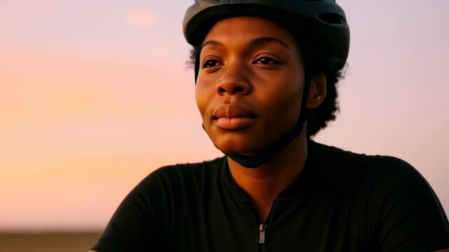 Confident cyclist in black sportswear and helmet pauses outdoors at sunset, enjoying a peaceful evening ride in tranquil surroundings