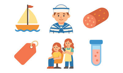 Colorful icons: sailor, boat, sausage, salon, test tube, price tag