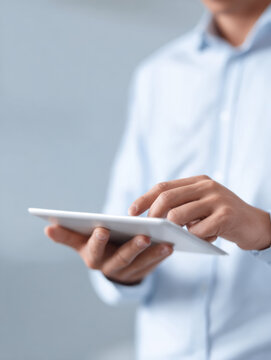 Focused businessman manager working on digital tablet. professional hand touching screen, approving business workflow with modern technology and concentration