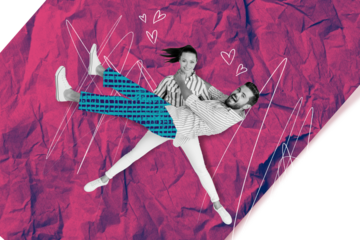 Composite trend artwork sketch image collage of valentine day holiday date love young couple lady hold man hugs stand together paper piece